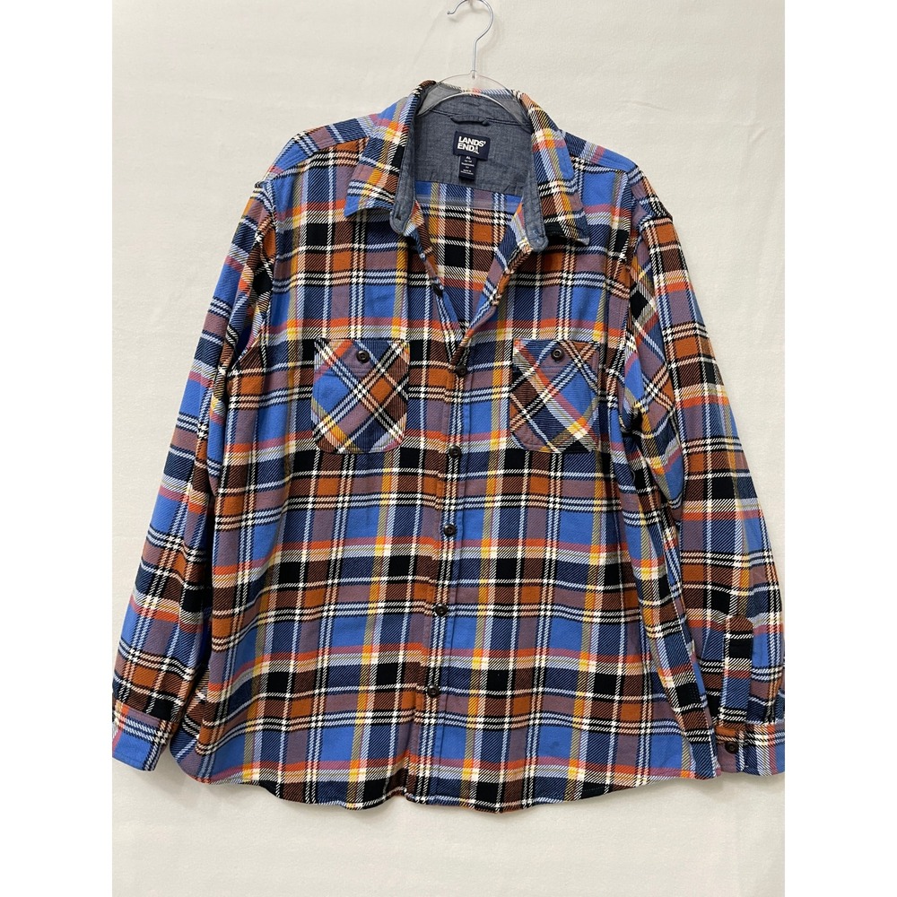 Lands End Heavyweight Flannel Shirt Jacket Mens XL Blue Orange Plaid Shacket